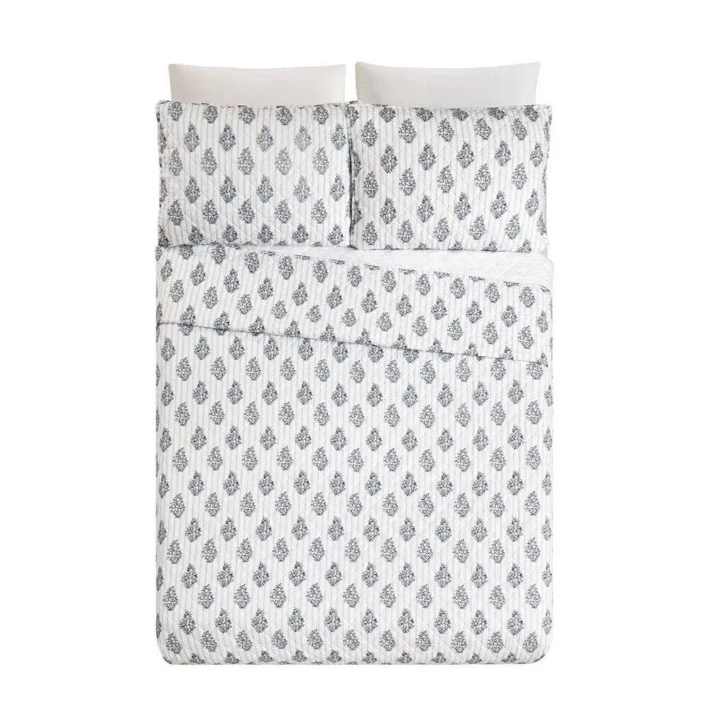RARE Modern Heirloom 3pc King Block Print Quilt Set Blue NEW